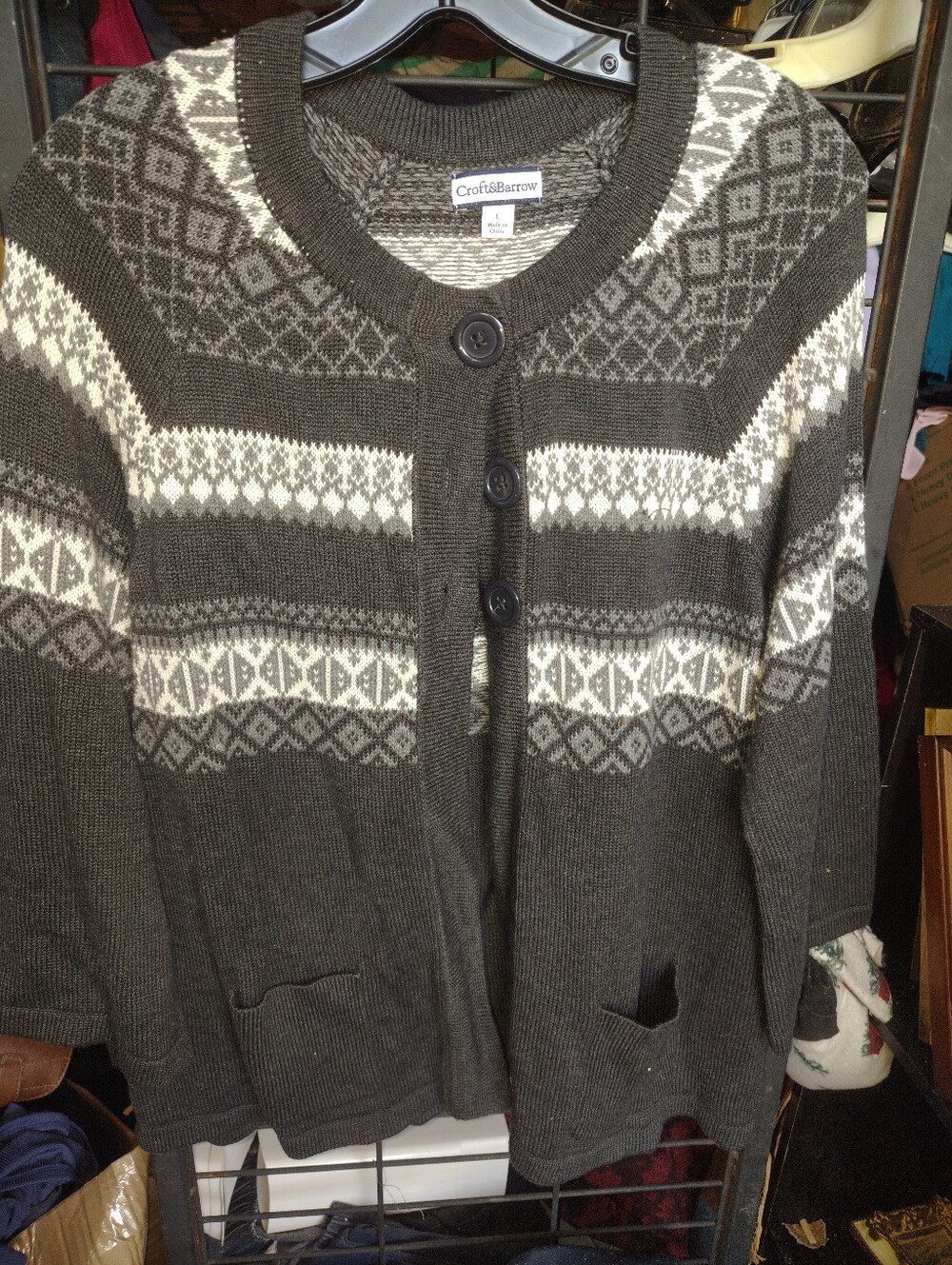 Croft & Barrow Gray Patterned Button Cardigan